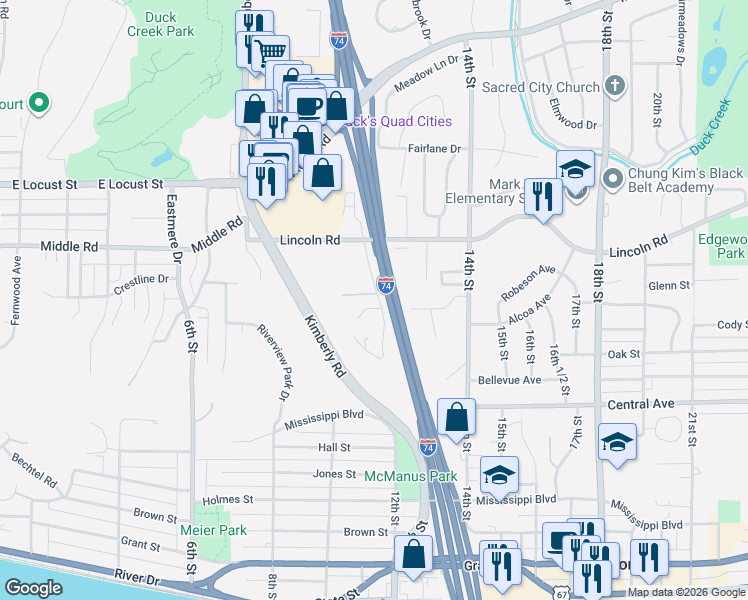 map of restaurants, bars, coffee shops, grocery stores, and more near 1350 Kimberly Ridge Road in Bettendorf