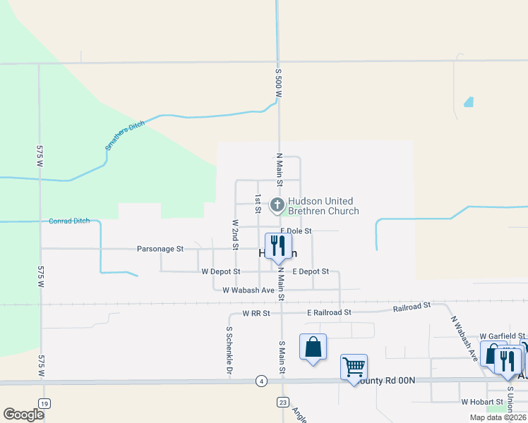 map of restaurants, bars, coffee shops, grocery stores, and more near 522 North Main Street in Hudson