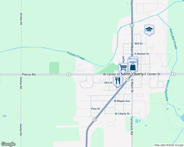 map of restaurants, bars, coffee shops, grocery stores, and more near 905 West Center Street in North Liberty