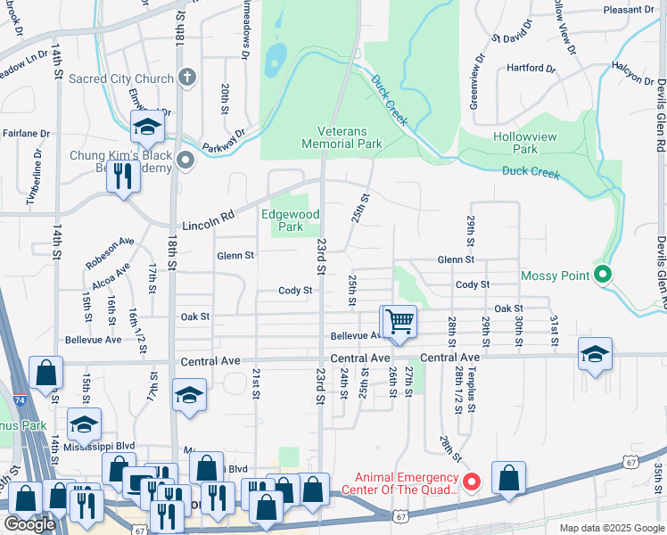 map of restaurants, bars, coffee shops, grocery stores, and more near 2316 23rd Street Court in Bettendorf