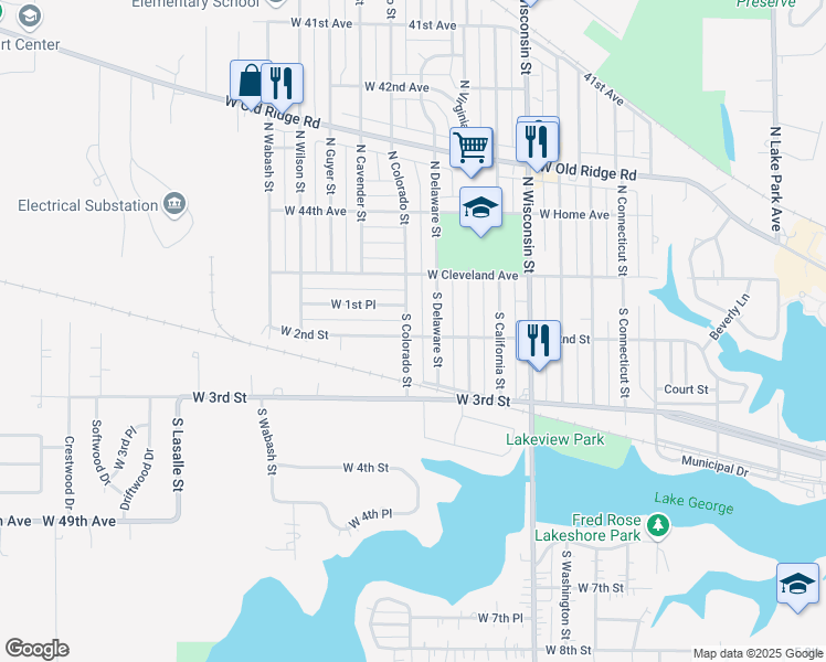 map of restaurants, bars, coffee shops, grocery stores, and more near 197 South Colorado Street in Hobart