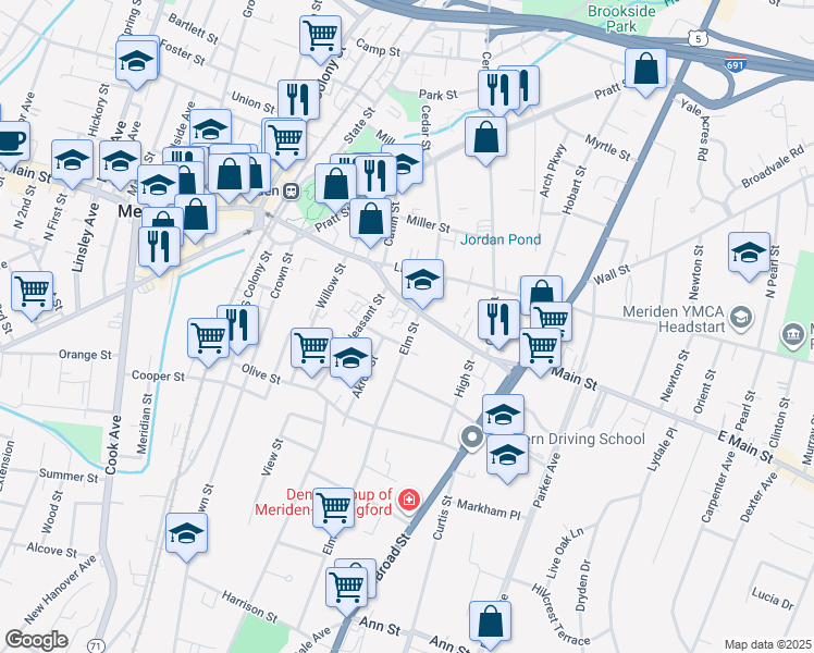 map of restaurants, bars, coffee shops, grocery stores, and more near 13 Elm Street in Meriden