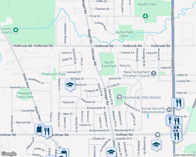 map of restaurants, bars, coffee shops, grocery stores, and more near 299 Raye Drive North in Chicago Heights