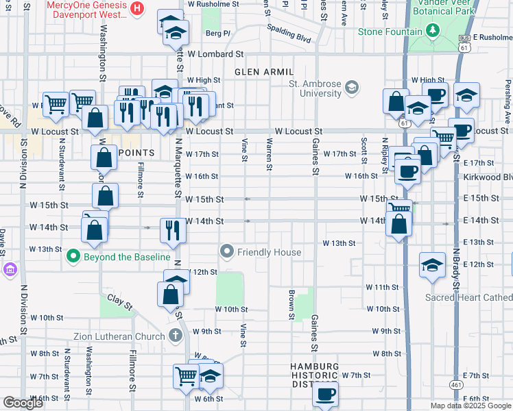 map of restaurants, bars, coffee shops, grocery stores, and more near 901 West 15th Street in Davenport