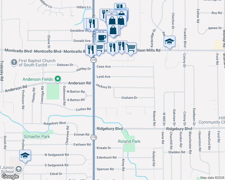 map of restaurants, bars, coffee shops, grocery stores, and more near 5118 Hickory Drive in Lyndhurst