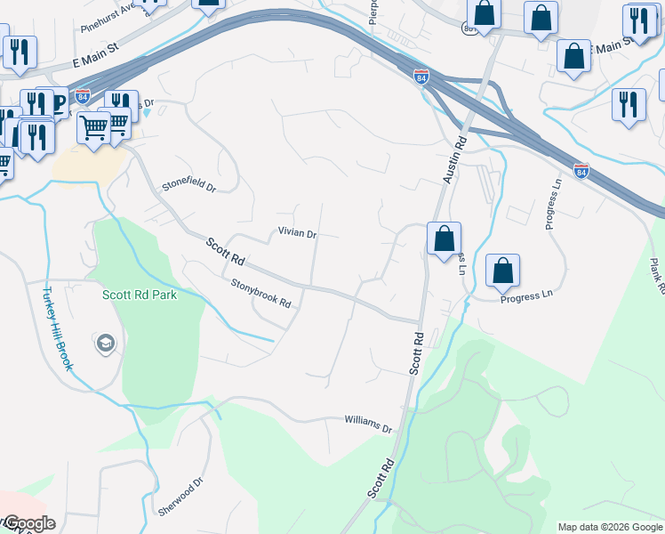 map of restaurants, bars, coffee shops, grocery stores, and more near 40 Hartley Drive in Waterbury