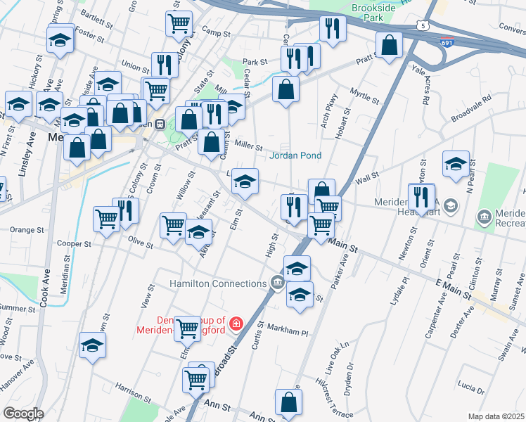 map of restaurants, bars, coffee shops, grocery stores, and more near 240 East Main Street in Meriden