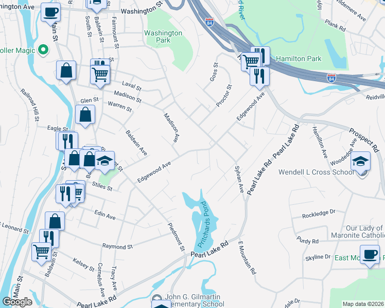map of restaurants, bars, coffee shops, grocery stores, and more near 156 Edgewood Avenue in Waterbury