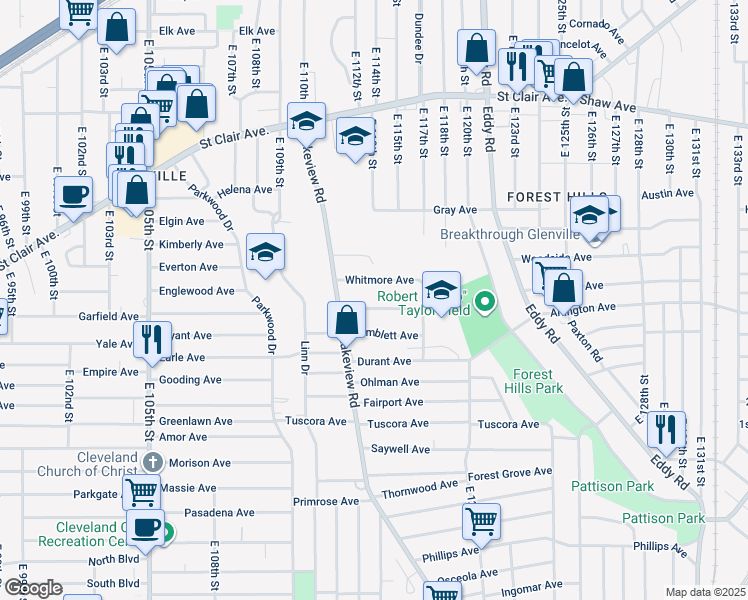 map of restaurants, bars, coffee shops, grocery stores, and more near 11317 Hopkins Avenue in Cleveland