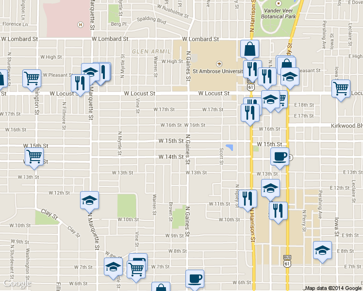 map of restaurants, bars, coffee shops, grocery stores, and more near 713 W 15th St in Davenport