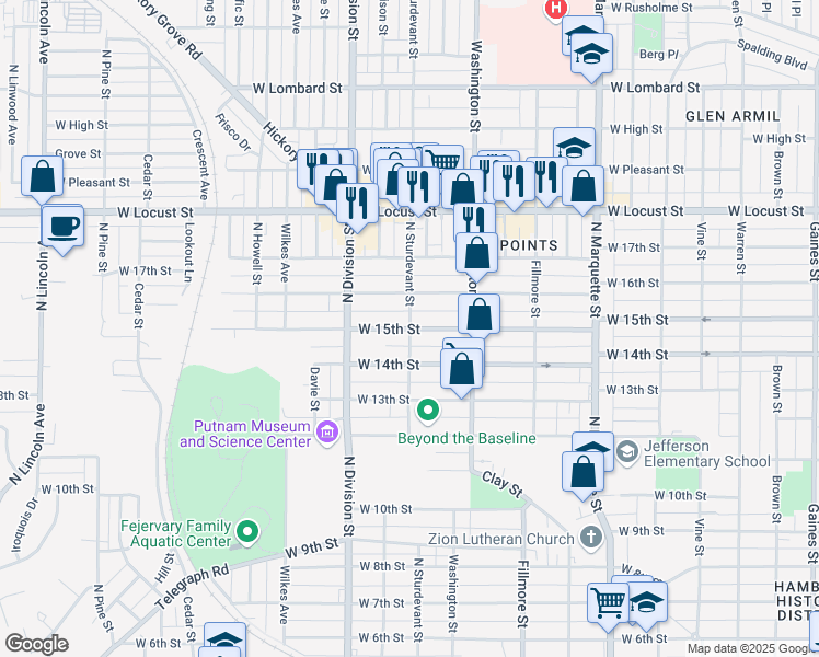 map of restaurants, bars, coffee shops, grocery stores, and more near West 15th Street in Davenport