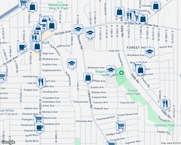 map of restaurants, bars, coffee shops, grocery stores, and more near 11317 Hopkins Avenue in Cleveland