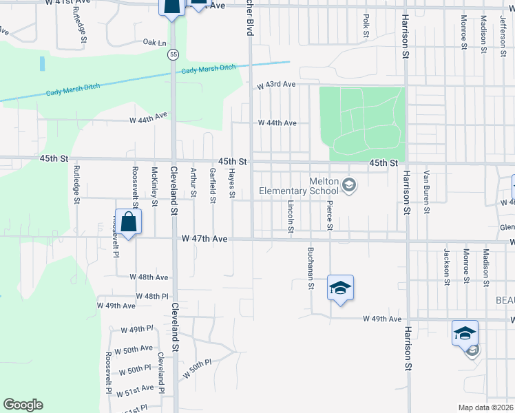 map of restaurants, bars, coffee shops, grocery stores, and more near 1555 W 46th Ave in Gary