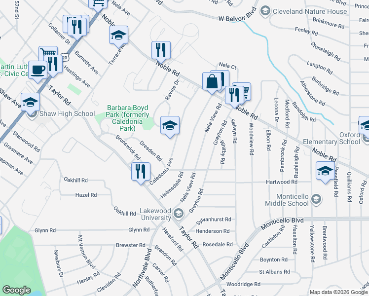 map of restaurants, bars, coffee shops, grocery stores, and more near 934 Helmsdale Road in Cleveland Heights