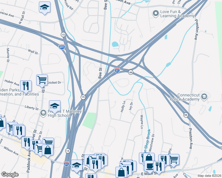 map of restaurants, bars, coffee shops, grocery stores, and more near 135 Tumblebrook Road in Meriden