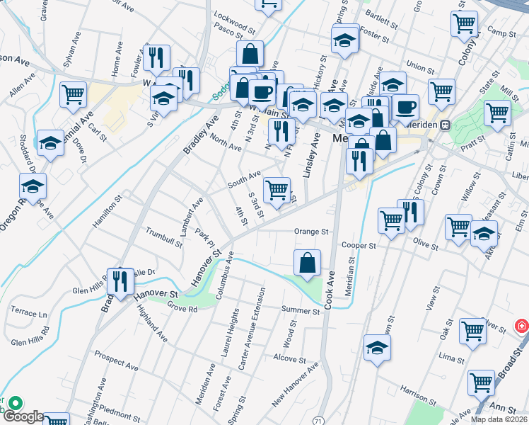 map of restaurants, bars, coffee shops, grocery stores, and more near 28 South 3rd Street in Meriden