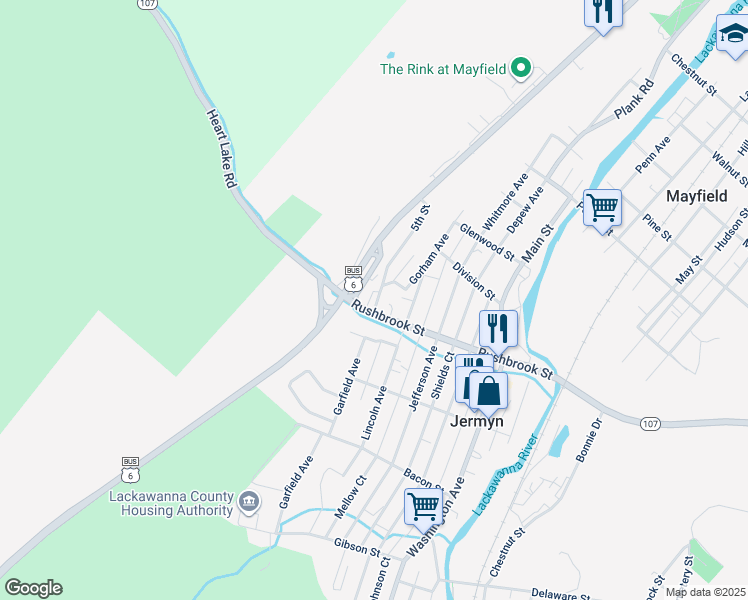 map of restaurants, bars, coffee shops, grocery stores, and more near Scranton Carbondale Hwy in Mayfield