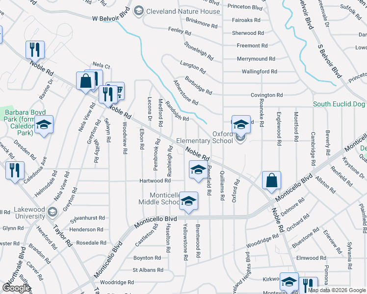 map of restaurants, bars, coffee shops, grocery stores, and more near 2680 Noble Road in Cleveland Heights