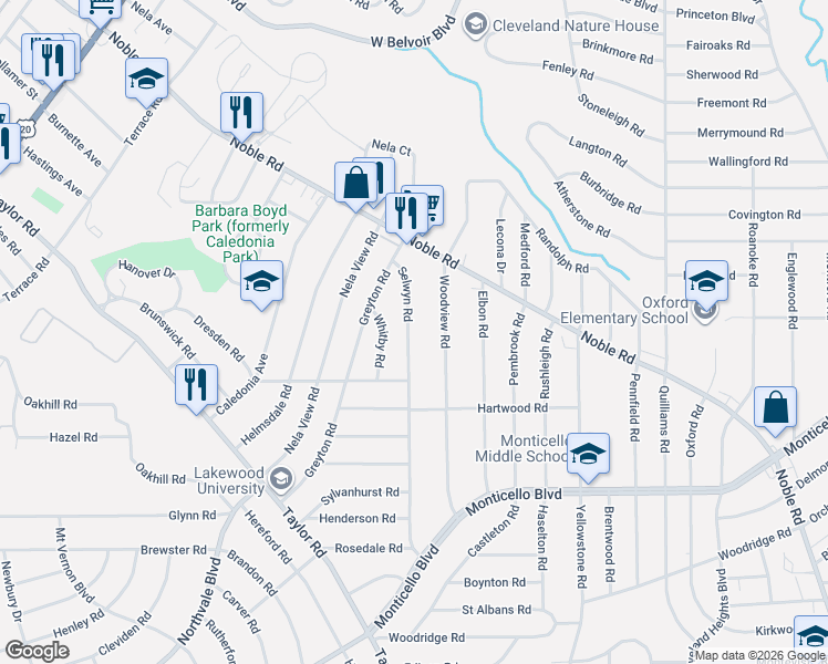 map of restaurants, bars, coffee shops, grocery stores, and more near 920 Selwyn Road in Cleveland Heights