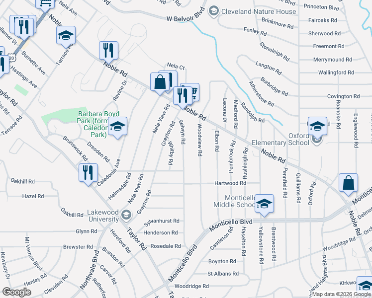 map of restaurants, bars, coffee shops, grocery stores, and more near 920 Selwyn Road in Cleveland Heights
