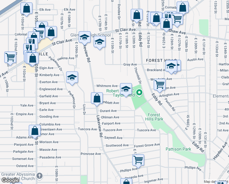 map of restaurants, bars, coffee shops, grocery stores, and more near 11509 Hopkins Avenue in Cleveland