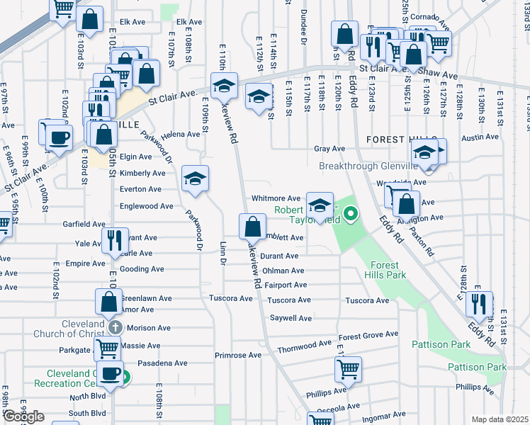 map of restaurants, bars, coffee shops, grocery stores, and more near 11317 Hopkins Avenue in Cleveland