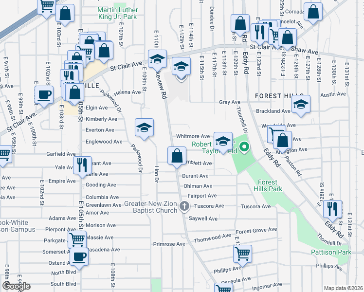 map of restaurants, bars, coffee shops, grocery stores, and more near 11317 Hopkins Avenue in Cleveland