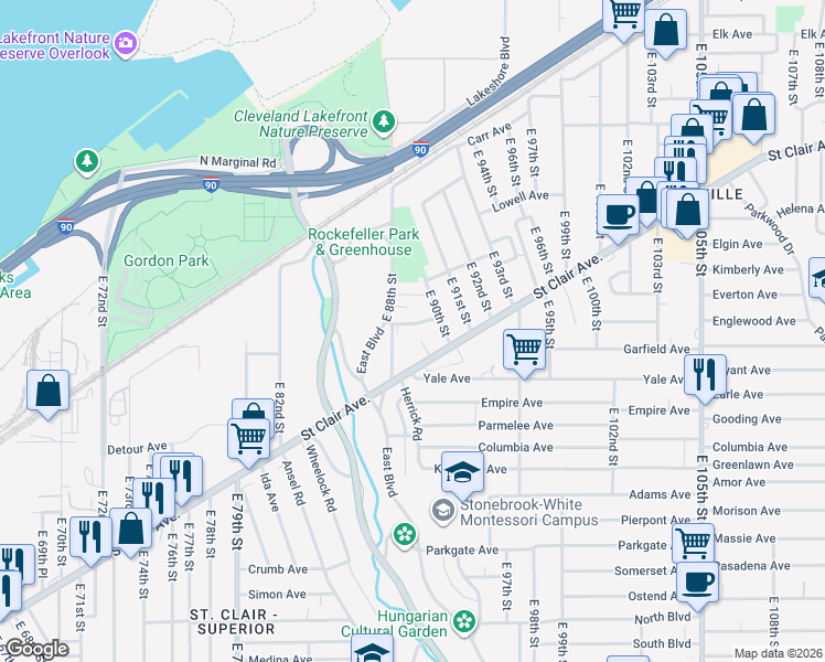 map of restaurants, bars, coffee shops, grocery stores, and more near 8815 Esterbrook Avenue in Cleveland