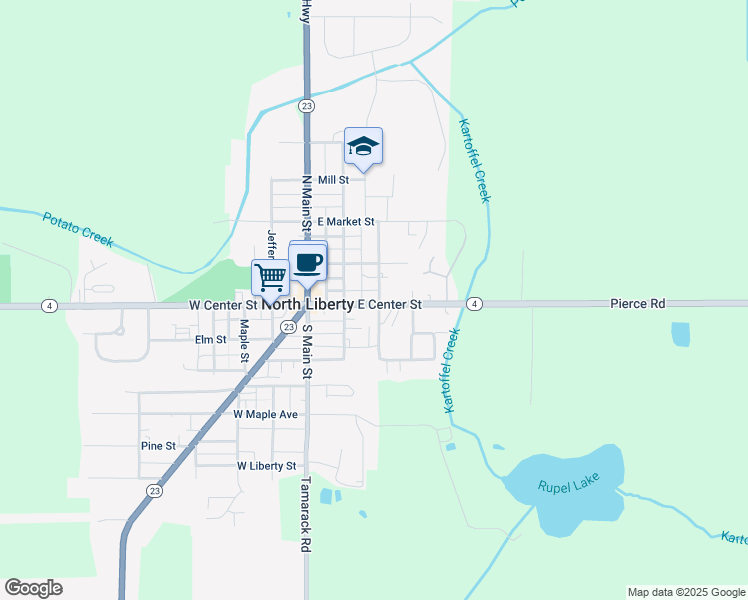 map of restaurants, bars, coffee shops, grocery stores, and more near 101-135 S Washington St in North Liberty