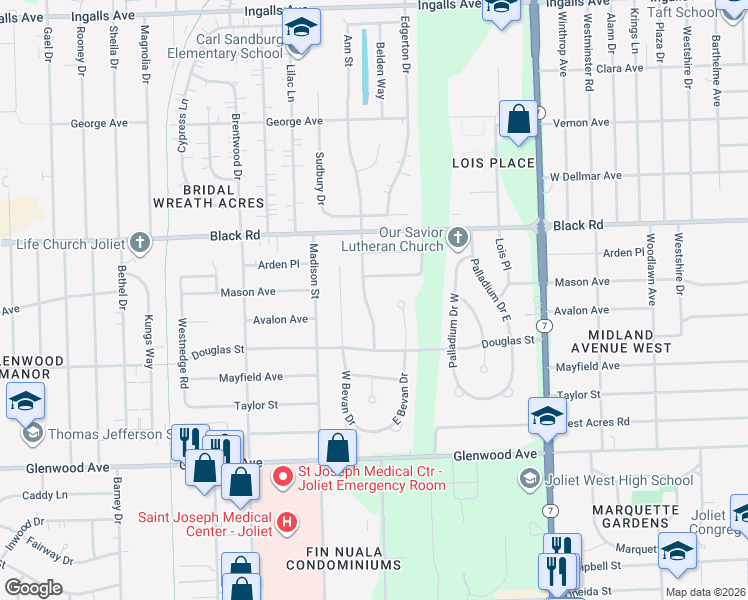 map of restaurants, bars, coffee shops, grocery stores, and more near 614 Ann Street in Joliet