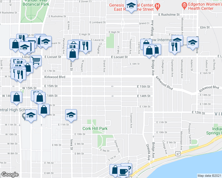 map of restaurants, bars, coffee shops, grocery stores, and more near 719 East 15th Street in Davenport