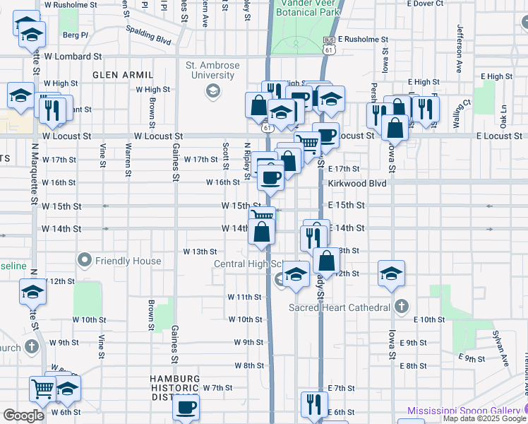 map of restaurants, bars, coffee shops, grocery stores, and more near 1420 North Harrison Street in Davenport