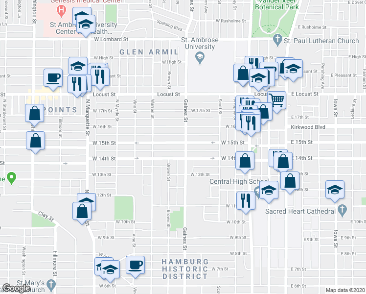 map of restaurants, bars, coffee shops, grocery stores, and more near 713 West 15th Street in Davenport