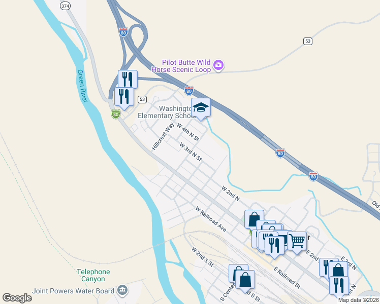 map of restaurants, bars, coffee shops, grocery stores, and more near 300 North 7th West Street in Green River