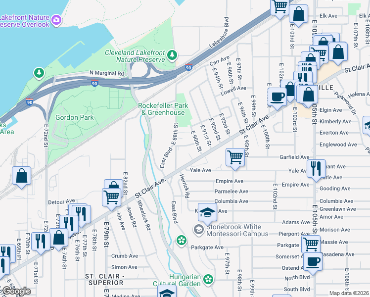 map of restaurants, bars, coffee shops, grocery stores, and more near 8815 Esterbrook Avenue in Cleveland