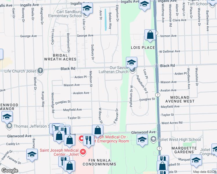 map of restaurants, bars, coffee shops, grocery stores, and more near 614 Ann Street in Joliet
