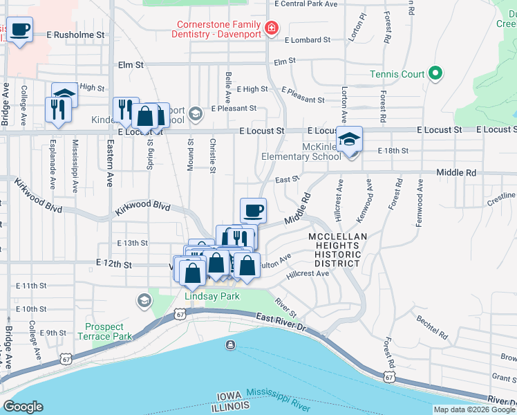 map of restaurants, bars, coffee shops, grocery stores, and more near 1440 Jersey Ridge Road in Davenport