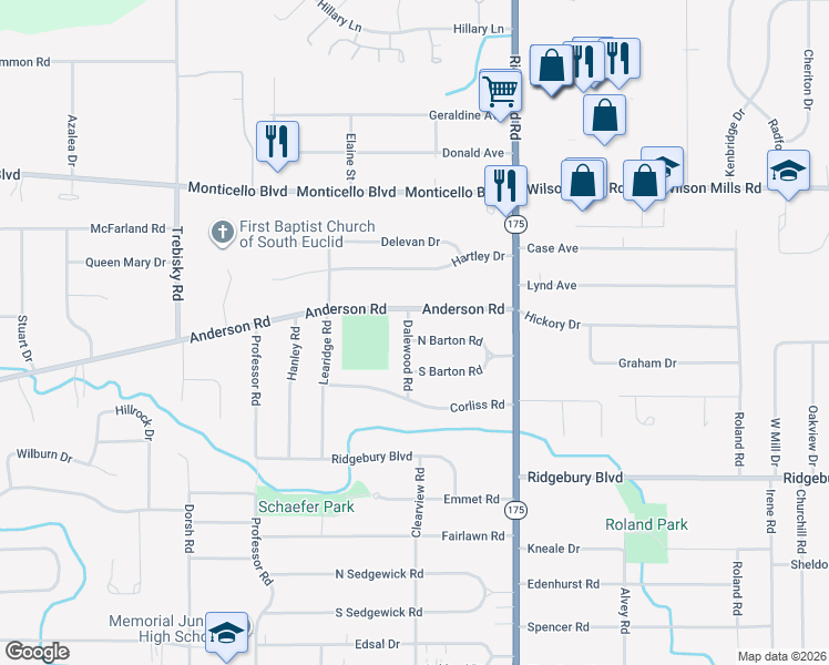 map of restaurants, bars, coffee shops, grocery stores, and more near 4959 North Barton Road in Lyndhurst