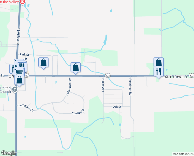 map of restaurants, bars, coffee shops, grocery stores, and more near 366 East Main Street in Orwell