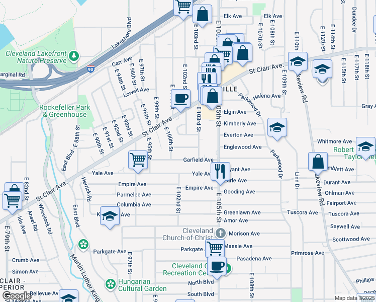map of restaurants, bars, coffee shops, grocery stores, and more near 10202 Flora Ave in Cleveland