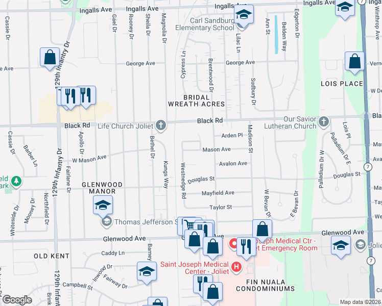 map of restaurants, bars, coffee shops, grocery stores, and more near 2318 Mason Avenue in Joliet