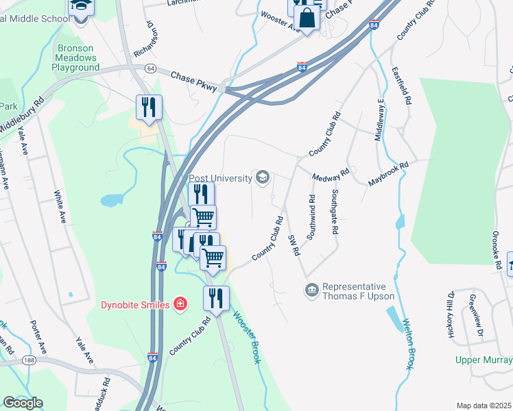 map of restaurants, bars, coffee shops, grocery stores, and more near 800 Country Club Road in Waterbury