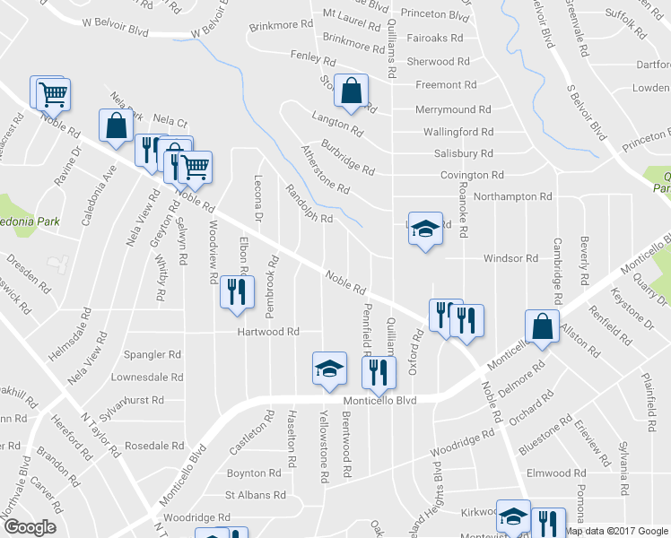 map of restaurants, bars, coffee shops, grocery stores, and more near 2383 Noble Road in Cleveland Heights
