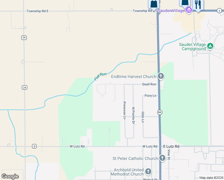 map of restaurants, bars, coffee shops, grocery stores, and more near 105 Pheasant Lane in Archbold