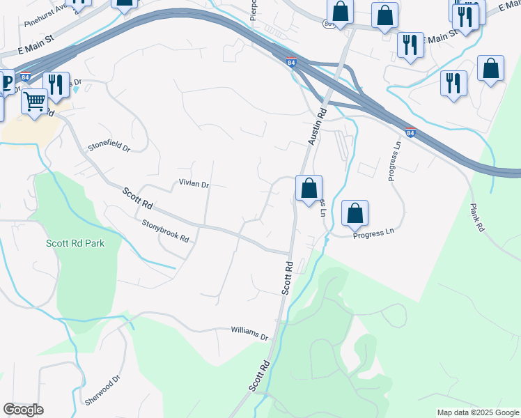 map of restaurants, bars, coffee shops, grocery stores, and more near 91 Village Wood Drive in Waterbury