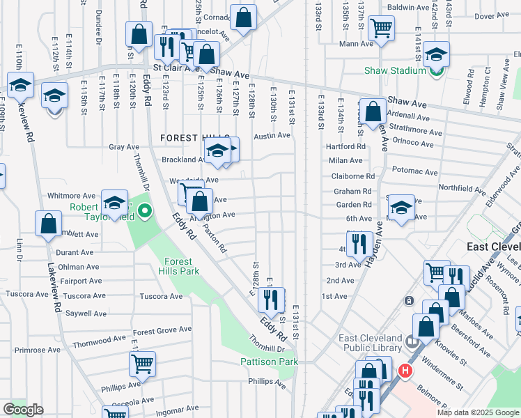 map of restaurants, bars, coffee shops, grocery stores, and more near 12805 Arlington Avenue in Cleveland