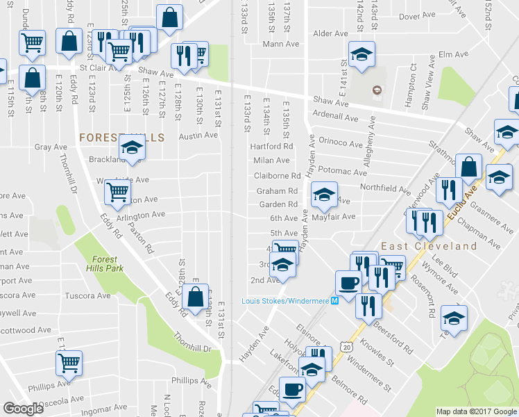 map of restaurants, bars, coffee shops, grocery stores, and more near 13316 Garden Rd in East Cleveland