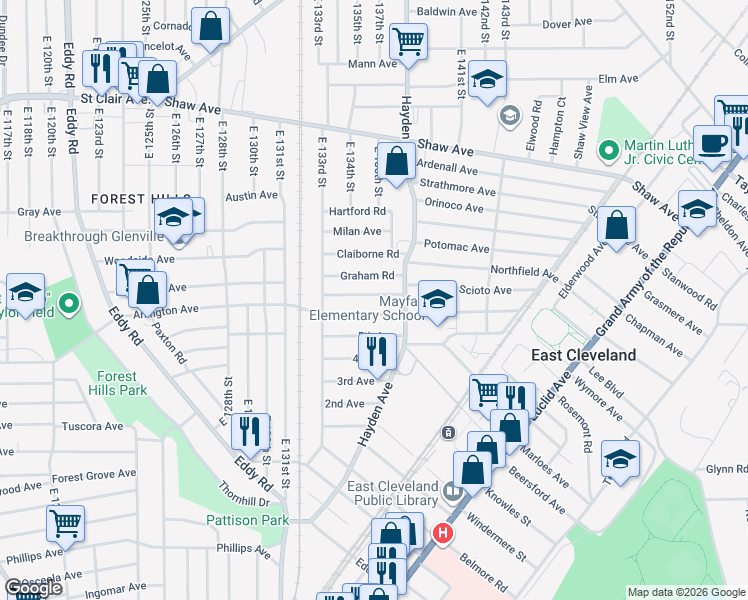 map of restaurants, bars, coffee shops, grocery stores, and more near 13604 Garden Rd in East Cleveland