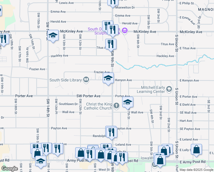 map of restaurants, bars, coffee shops, grocery stores, and more near 5412 Southwest 9th Street in Des Moines