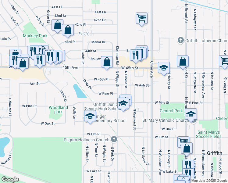 map of restaurants, bars, coffee shops, grocery stores, and more near 910 West Pine Place in Griffith